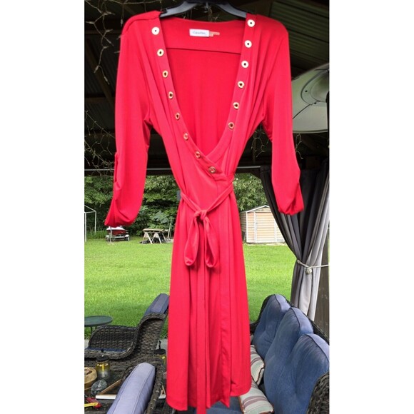 Calvin Klein Women's Red Wrap Dress Slinky Belt Grommets  Size 10 Pre-Owned - Picture 1 of 5
